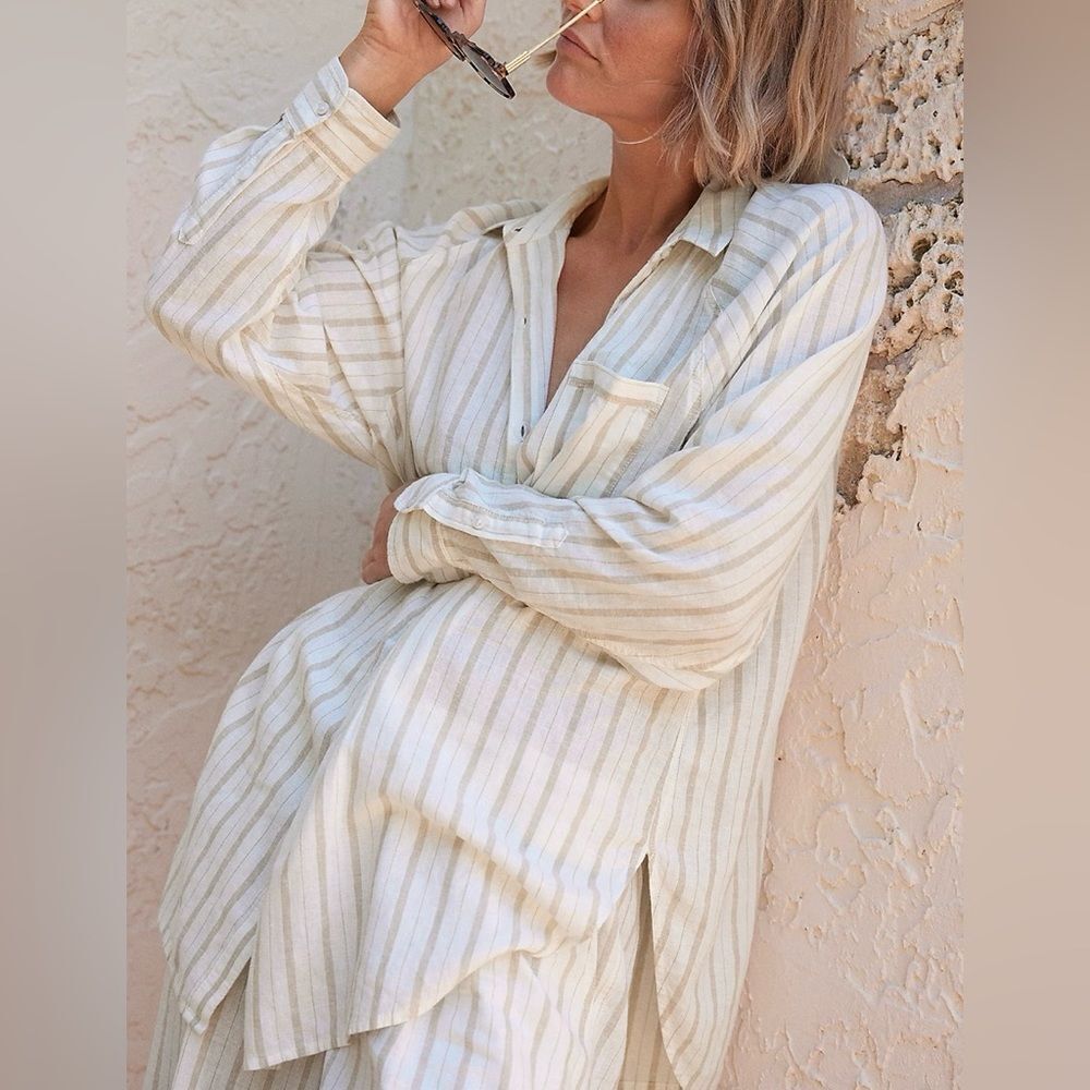 aerie XS Ivory Tan Vertical Stripe Pool-to-Party Linen Blend Cover up Shirt